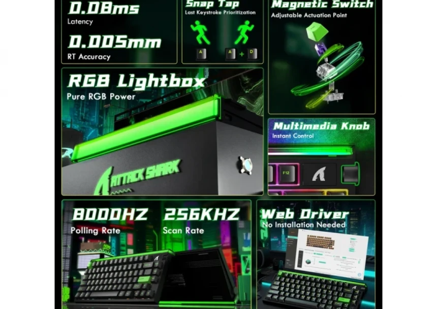 Gaming tastatura Attack Shark R85HE Magnetic Switches/8KHz/RT/Snap Tap/DKS/MT/TGL/Fluorescent Green