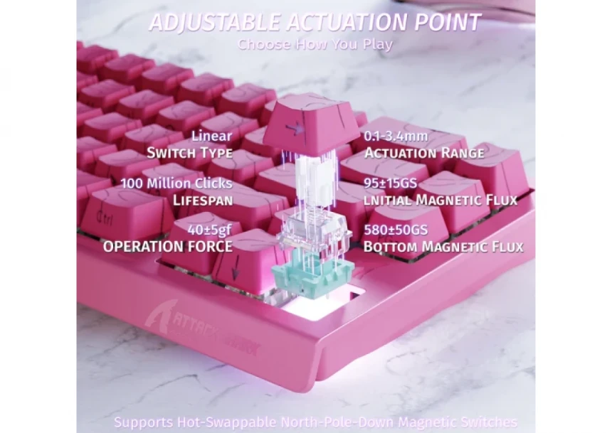Gaming tastatura Attack Shark X68HE Magnetic Switch/RT/Snap Tap/DKS/MT/TGL/Pink Contour