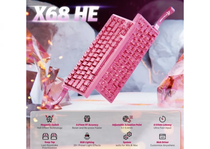 Gaming tastatura Attack Shark X68HE Magnetic Switch/RT/Snap Tap/DKS/MT/TGL/Pink Contour