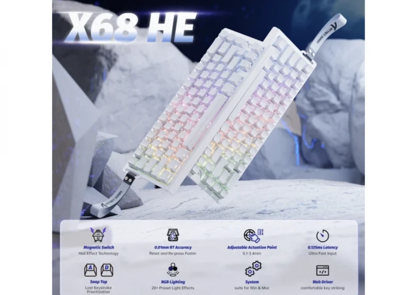 Gaming tastatura Attack Shark X68HE Magnetic Switch/RT/Snap Tap/DKS/MT/TGL/White Contour