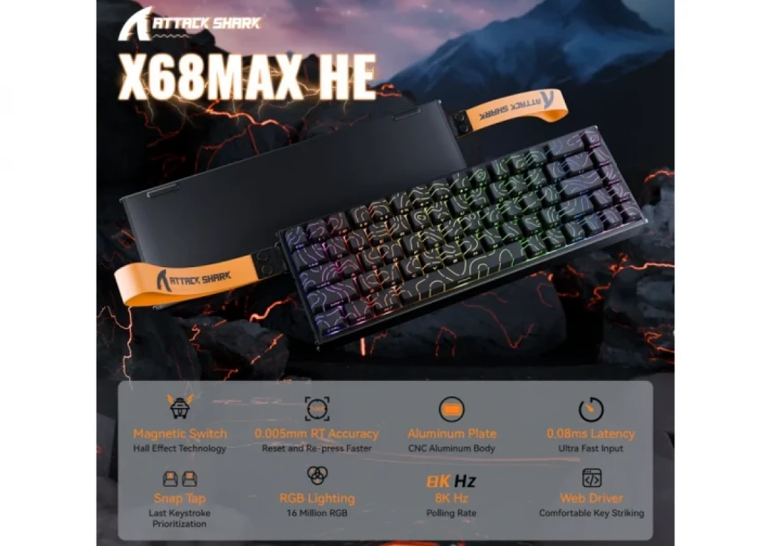 Gaming tastatura Attack Shark X68MAX Magnetic Switches/RT/SnapTap/DKS/MT/TGL/Aluminium/Black cont