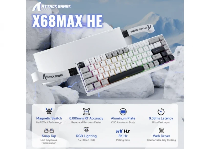Gaming tastatura Attack Shark X68MAX Magnetic Switches/RT/SnapTap/DKS/MT/TGL/Aluminium/Starry White