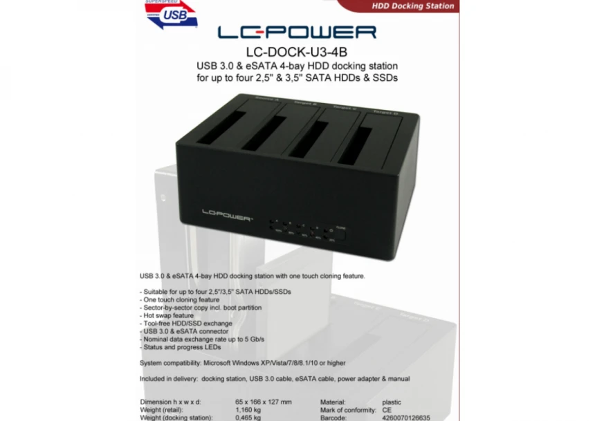 HDD D. Station 4-bay LC-DOCK-U3-4B 4xSSD/HDD, Black, USB 3.0/eSATA