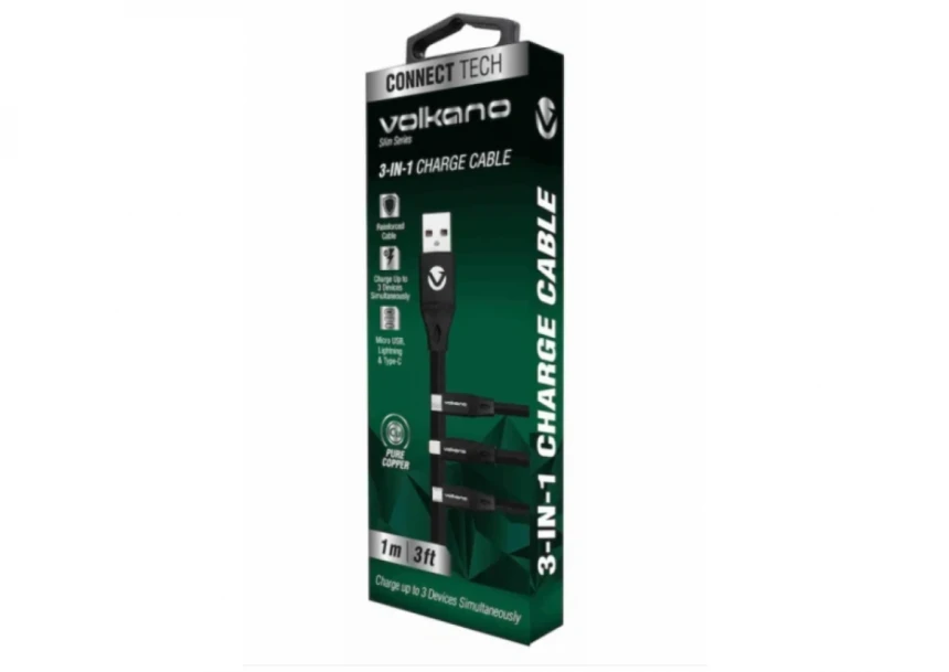 Kabl Volkano VK-20086-BK Slim Series Flat PVC 3-in-1 USB-C/Lightning/Micro