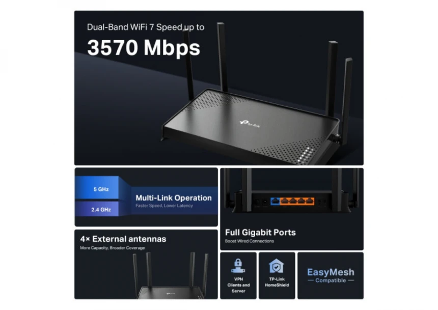 LAN Router TP-LINK Archer BE220 BE3600 WiFi7/1GWAN/4GLAN