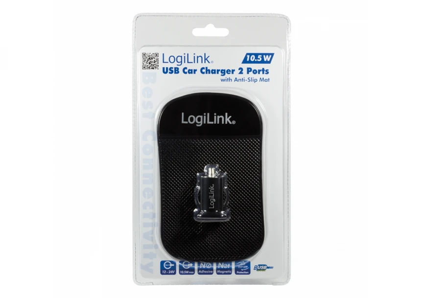 Logilink USB 2-Port punjač za auto, plus pogloga protiv klizanja, crna