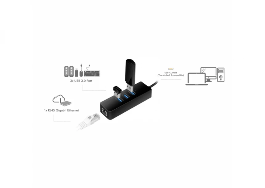 Logilink USB 3.2 Gen 1 Hub, 3-port, USB-C - Gigabit Ethernet