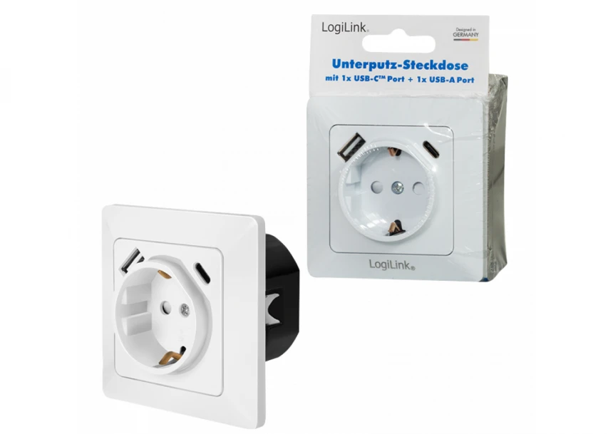 Logilink uzidna utičnica šuko, 1 USB-A, 1 USB-C