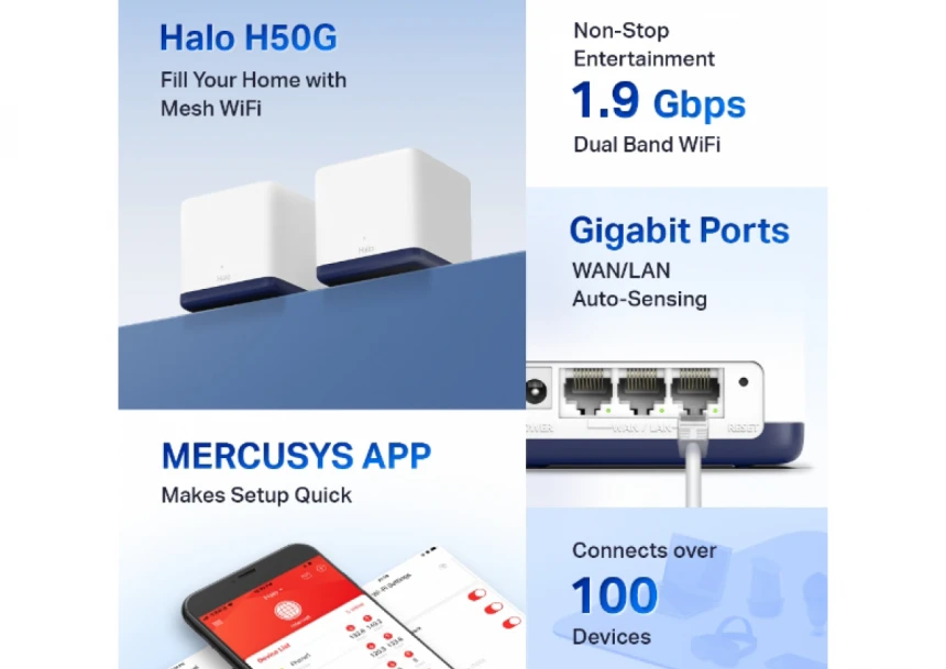 Mercusys Halo H50G (3-pack), AC1900 Whole Home Mesh Wi-Fi System