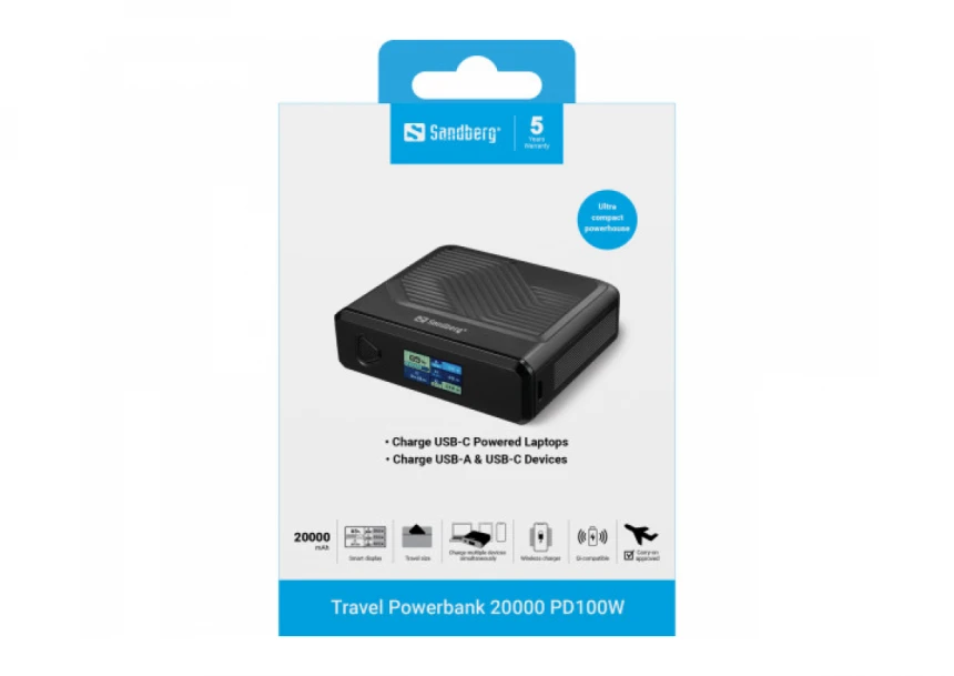 Powerbank Sandberg Travel 421-25 20000mAh PD100W/bežično punjenje