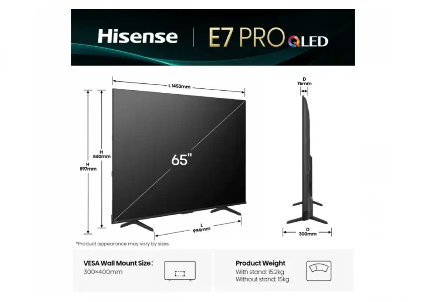 SMART QLED TV 65 Hisense 65E7Q Pro 3840x2160/UHD/4K/DVB-T2/S2/C