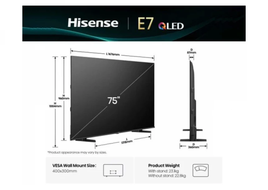 SMART QLED TV 75 Hisense 75E7Q 3840x2160/UHD/4K/DVB-T2/S2/C