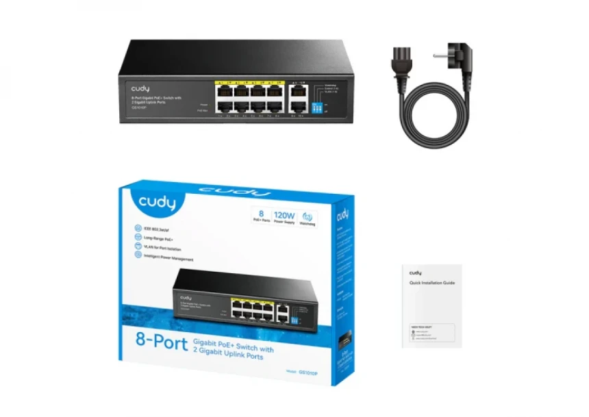 Svič 10/100/1000 10-port Cudy GS1010P/ 8 PoE+ sa 2 Gigabit Uplink porta 120W