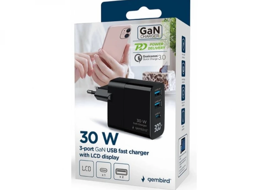 TA-UC-PDQC30LCD-BK-02 Gembird GaN USB brzi punjac, 30W 3-port (2xUSB-A+ USB-C)