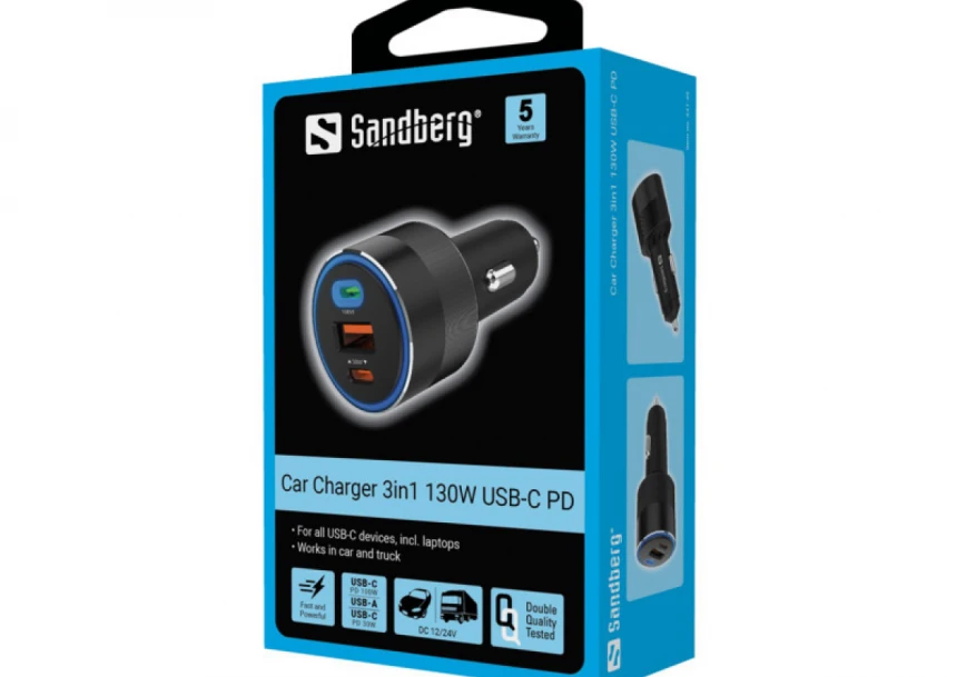 USB auto punjač Sandberg 3in1 USB/USB-C 130W 441-49