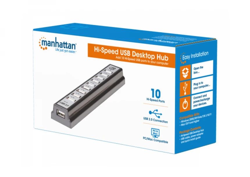 USB HUB 10port Manhattan 161572 2.0/480Mbps/Crni