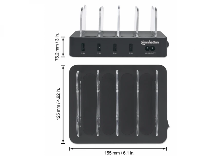 USB punjač 4-port Manhattan 102261 5V/2.4V/34W/držač za telefon Crni
