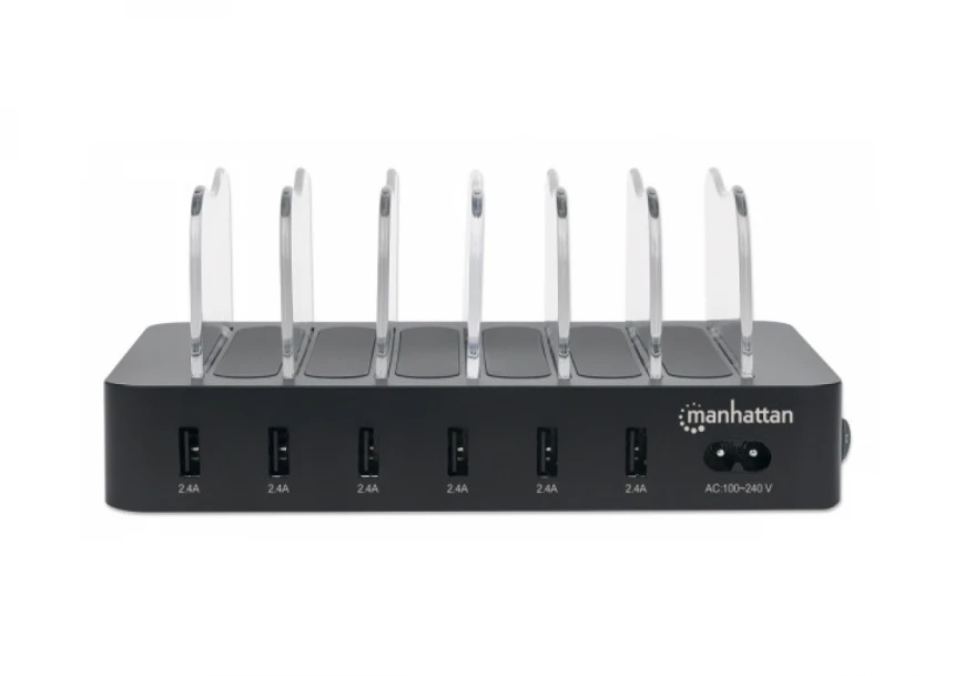 USB punjač 6-port Manhattan 102254 5V/2.4V/50W/držač za telefon Crni