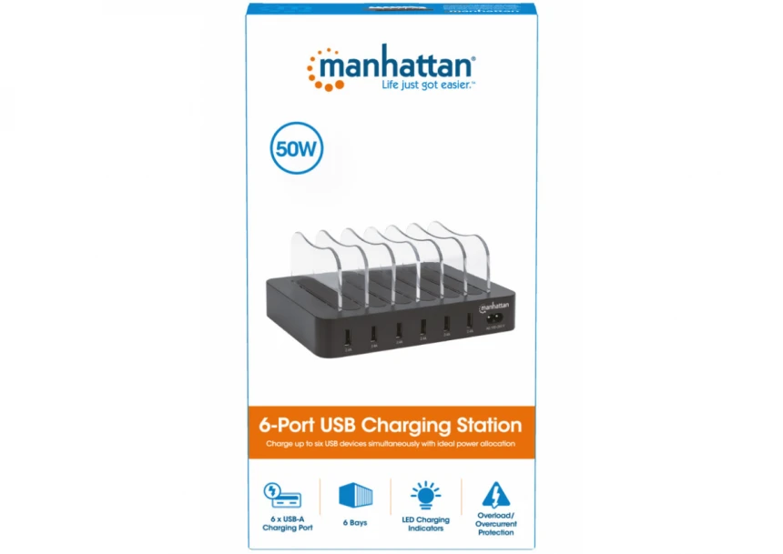 USB punjač 6-port Manhattan 102254 5V/2.4V/50W/držač za telefon Crni