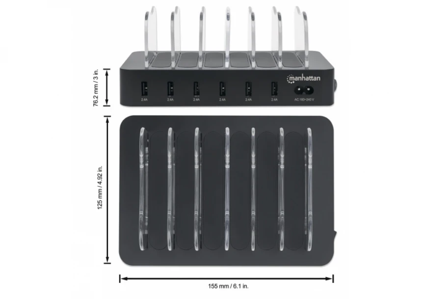 USB punjač 6-port Manhattan 102254 5V/2.4V/50W/držač za telefon Crni