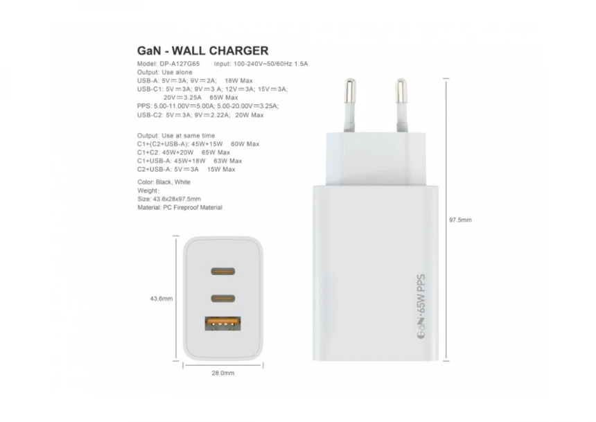 Zidni punjac FULMOVA GAN PD/25W/bela sa ...